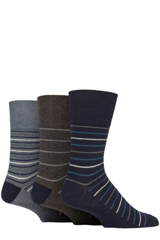 Mens 3 Pair Gentle Grip Cotton Argyle Patterned and Striped Socks Casual Pinstripe Denim Melange 6-11