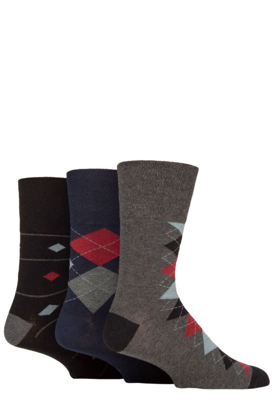 Mens 3 Pair Gentle Grip Cotton Argyle Patterned and Striped Socks Modernised Argyle Navy / Black 6-11