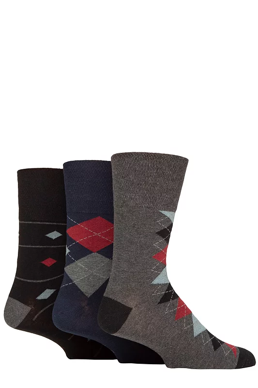 Mens 3 Pair Gentle Grip Cotton Argyle Patterned and Striped Socks Modernised Argyle Navy / Black 6-11