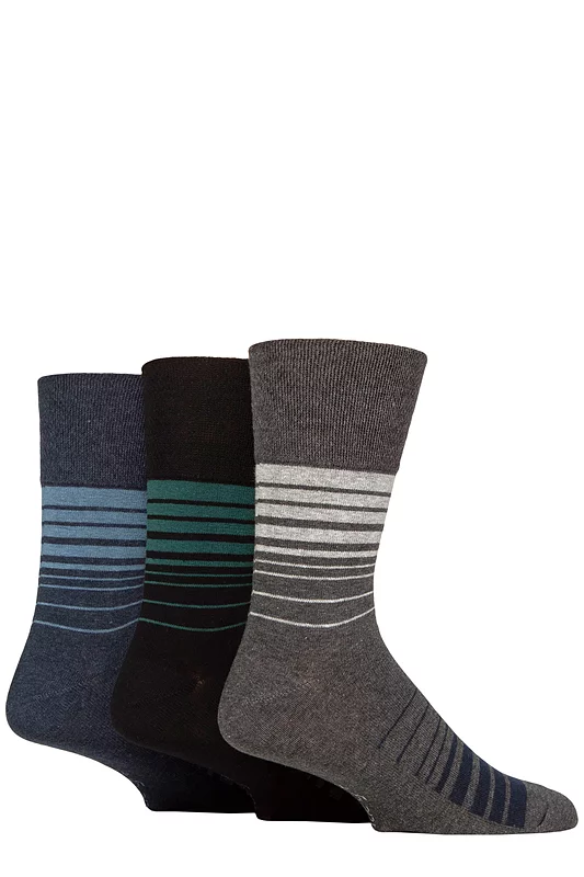 Mens 3 Pair Gentle Grip Cotton Argyle Patterned and Striped Socks Gradient Stripe Black / Navy 6-11
