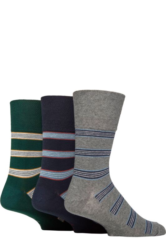 Mens 3 Pair Gentle Grip Cotton Argyle Patterned and Striped Socks Bohemian Stripe Navy / Green 6-11