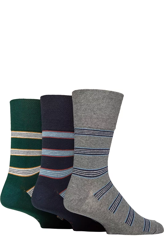 Mens 3 Pair Gentle Grip Cotton Argyle Patterned and Striped Socks Bohemian Stripe Navy / Green 6-11