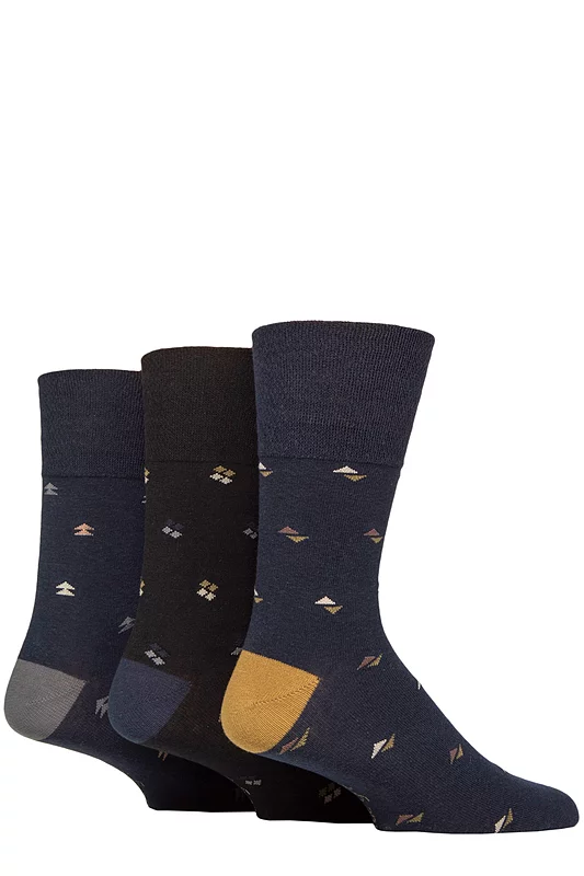 Mens 3 Pair Gentle Grip Cotton Argyle Patterned and Striped Socks Settlement Black / Navy 6-11