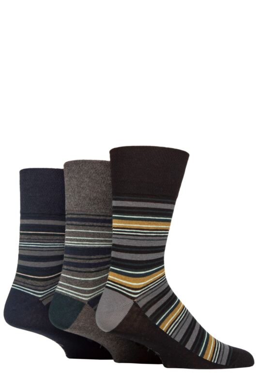 Mens 3 Pair Gentle Grip Cotton Argyle Patterned and Striped Socks