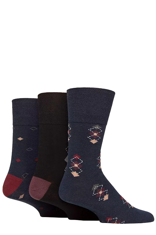 Mens 3 Pair Gentle Grip Cotton Argyle Patterned and Striped Socks Book Club Black / Navy 6-11