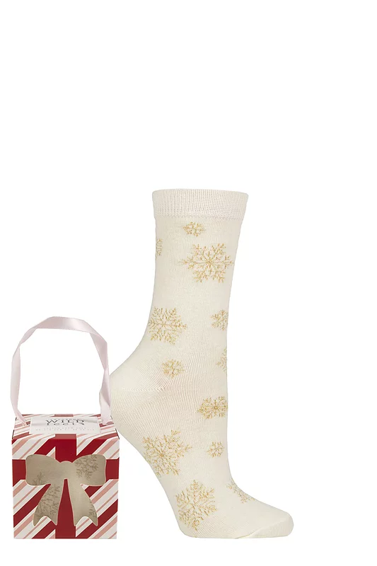 Women's 1 Pair SOCKSHOP Wildfeet Christmas Gift Box Socks Snow Flakes Gold 4-8
