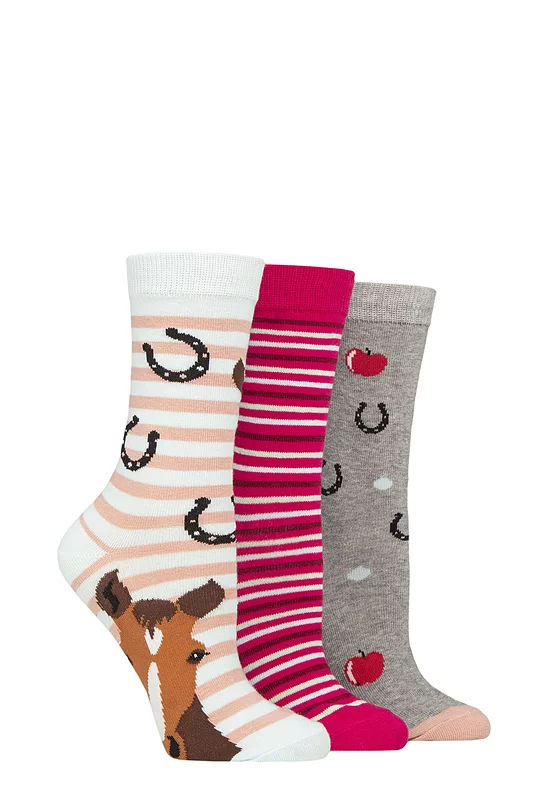 Women's 3 Pair SOCKSHOP Wildfeet Cotton Novelty Patterned Socks Horse & Apples 4-8