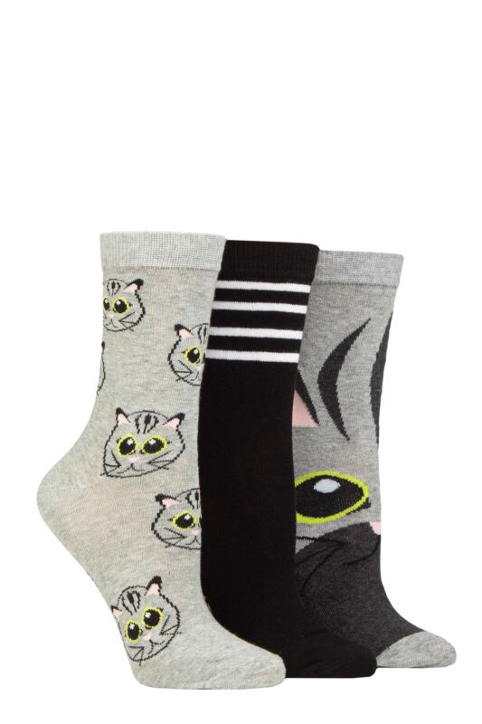 Women's 3 Pair SOCKSHOP Wildfeet Cotton Novelty Patterned Socks Cat 4-8 UK
