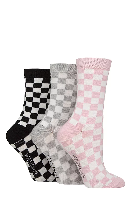 Women's 3 Pair SOCKSHOP Wildfeet Cotton Novelty Patterned Socks Checker Print 4-8