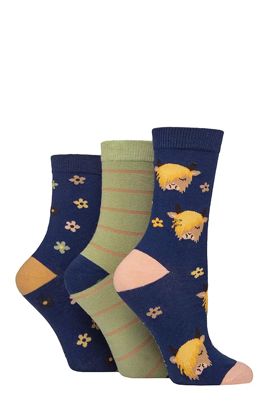 Women's 3 Pair SOCKSHOP Wildfeet Cotton Novelty Patterned Socks Highland Cow 4-8 Women's