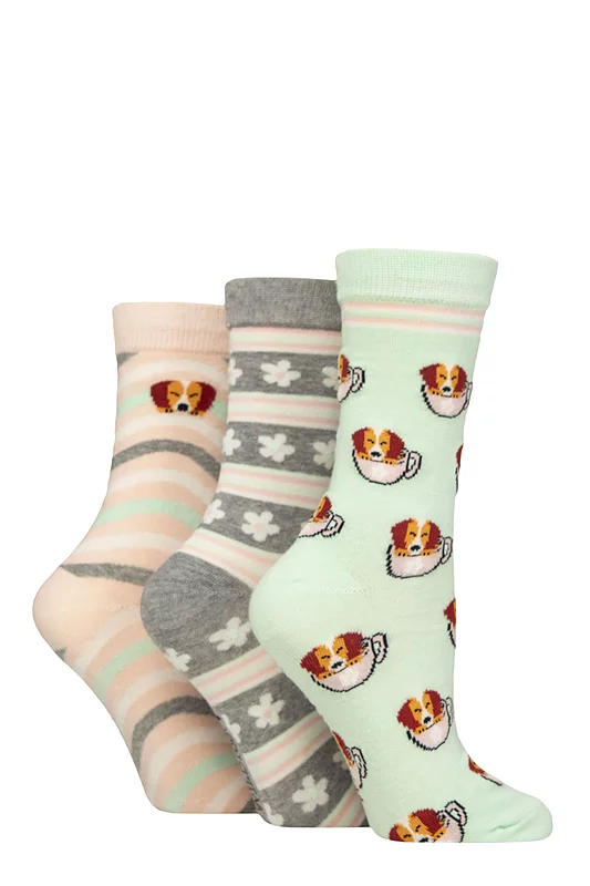 Women's 3 Pair SOCKSHOP Wildfeet Cotton Novelty Patterned Socks Dog in a Teacup 4-8