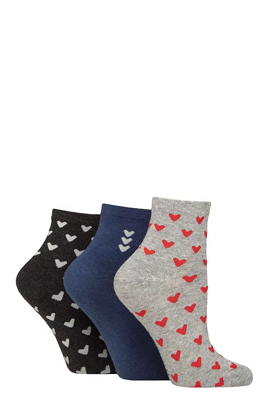 Women's 3 Pair SOCKSHOP Wildfeet Anklet Cotton Socks Mini Hearts 4-8
