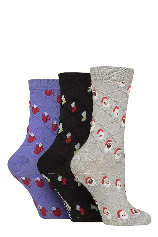 Women's 3 Pair SOCKSHOP Wildfeet Textured Knit Cotton Christmas Patterned Socks Santa / Stocking / Hot Drink 4-8