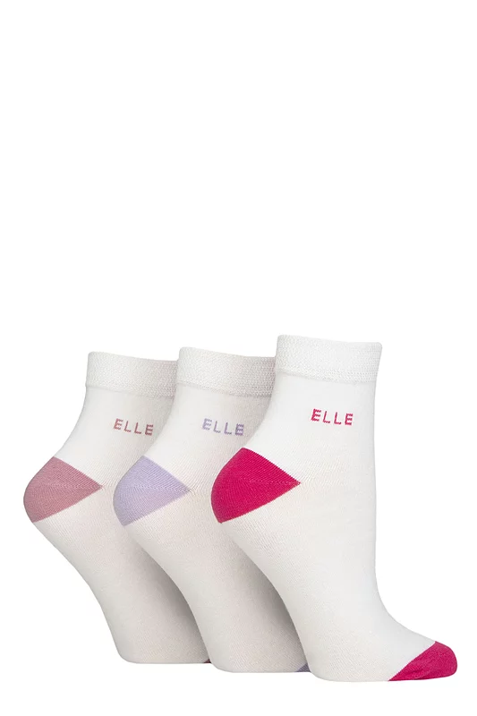 Women's 3 Pair Elle Plain, Striped and Patterned Cotton Anklets with Smooth Toes White / Pink Contrast 4-8