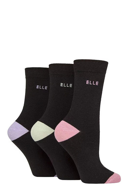 Women's 3 Pair Elle Plain, Striped and Patterned Cotton Socks with Smooth Toes