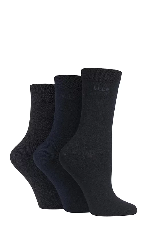 Women's 3 Pair Elle Plain, Striped and Patterned Cotton Socks with Smooth Toes