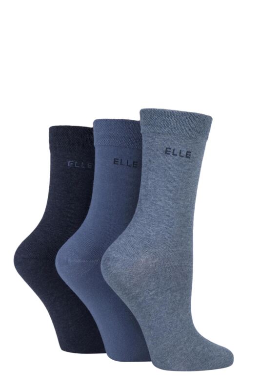 Women's 3 Pair Elle Plain, Striped and Patterned Cotton Socks with Smooth Toes Denim 4-8 Ladies