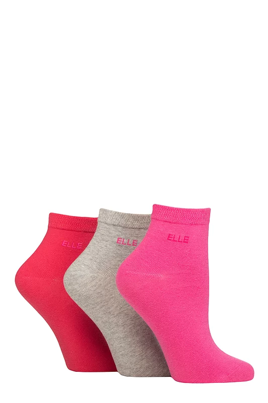 Women's 3 Pair Elle Plain, Striped and Patterned Cotton Anklets with Smooth Toes Cherry Fizz Plain 4-8