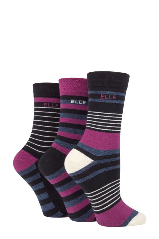 Women's 3 Pair Elle Plain, Striped and Patterned Cotton Socks with Smooth Toes