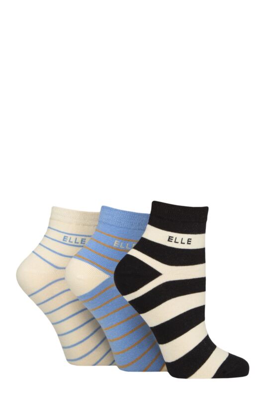 Women's 3 Pair Elle Plain, Striped and Patterned Cotton Anklets with Smooth Toes Leopard Noir Striped 4-8