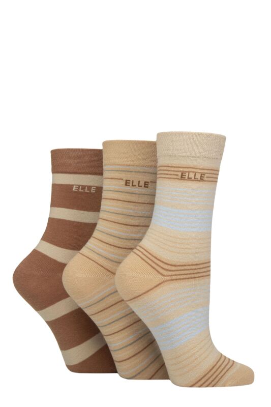 Women's 3 Pair Elle Plain, Striped and Patterned Cotton Socks with Smooth Toes Classic Beige Stripe 4-8