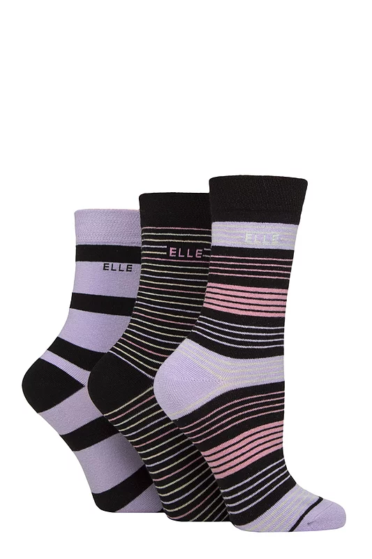 Women's 3 Pair Elle Plain, Striped and Patterned Cotton Socks with Smooth Toes Soft Pastel Stripe 4-8