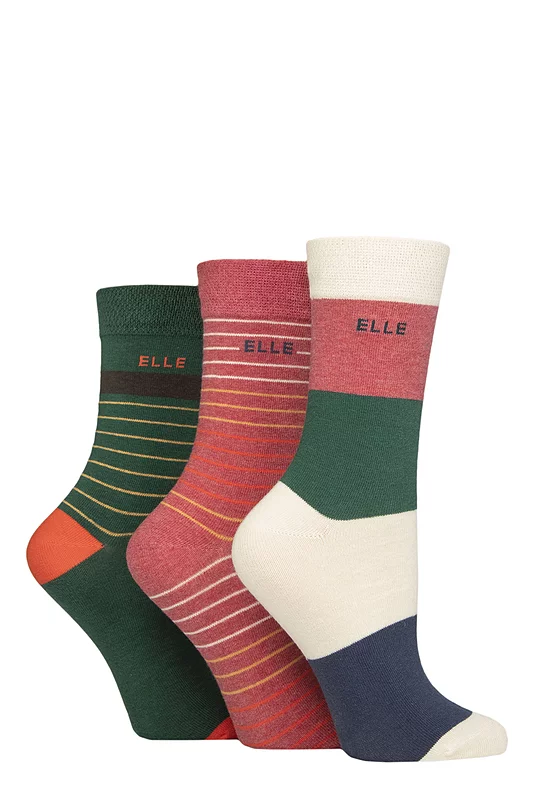 Women's 3 Pair Elle Plain, Striped and Patterned Cotton Socks with Smooth Toes Cinnamon Stripe 4-8