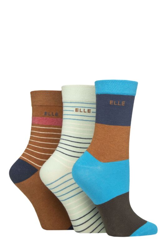 Women's 3 Pair Elle Plain, Striped and Patterned Cotton Socks with Smooth Toes Storm Stripe 4-8