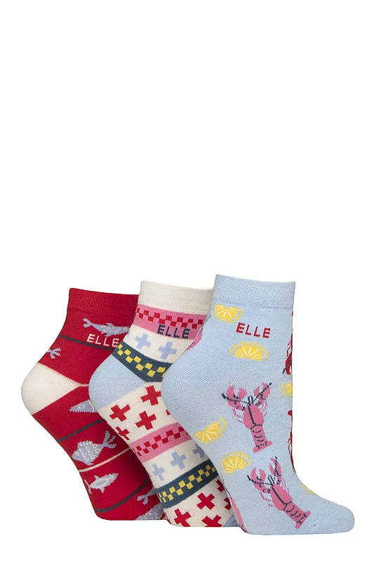 Women's 3 Pair Elle Plain, Striped and Patterned Cotton Anklets with Smooth Toes Seafarer Patterned 4-8