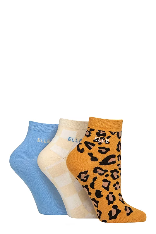 Women's 3 Pair Elle Plain, Striped and Patterned Cotton Anklets with Smooth Toes Leopard Noir Patterned 4-8