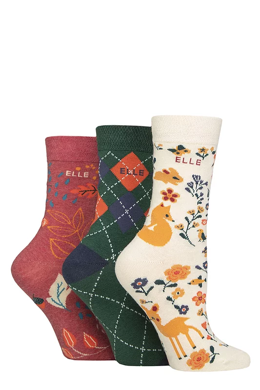 Women's 3 Pair Elle Plain, Striped and Patterned Cotton Socks with Smooth Toes Cinnamon Patterned 4-8