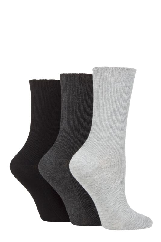 Women's 3 Pair Elle Ribbed Bamboo Socks with Scallop Top Black / Charc / Silver Grey 4-8 Ladies