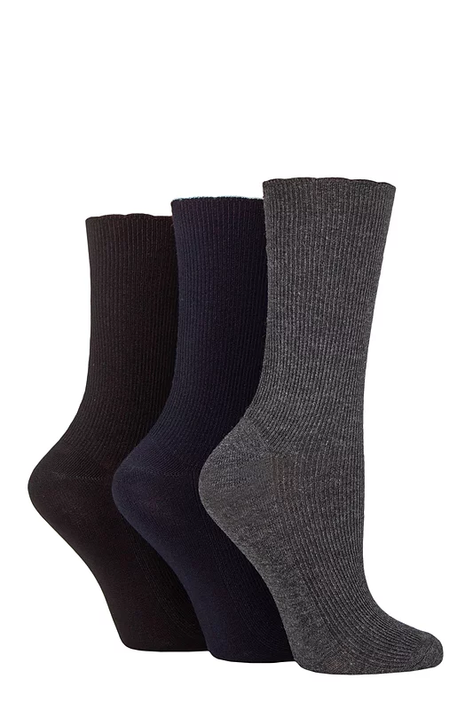 Women's 3 Pair Elle Ribbed Bamboo Socks with Scallop Top Black / Navy / Charcoal 4-8 Ladies