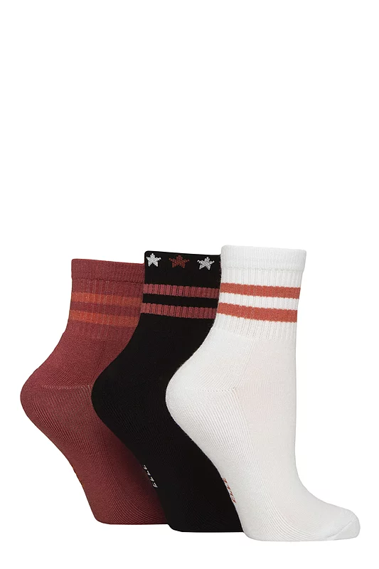 Women's 3 Pair Elle Half Cushion Bamboo Sport Anklet Socks Wild Poppy Stripe 4-8