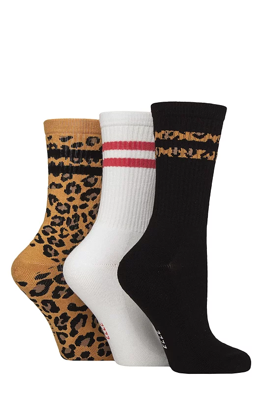 Women's 3 Pair Elle Half Cushion Bamboo Sports Socks Leopard Noir 4-8