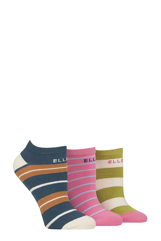 Women's 3 Pair Elle Plain, Stripe and Patterned Cotton No-Show Socks