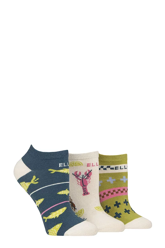 Women's 3 Pair Elle Plain, Stripe and Patterned Cotton No-Show Socks Coastal Joy Patterned 4-8