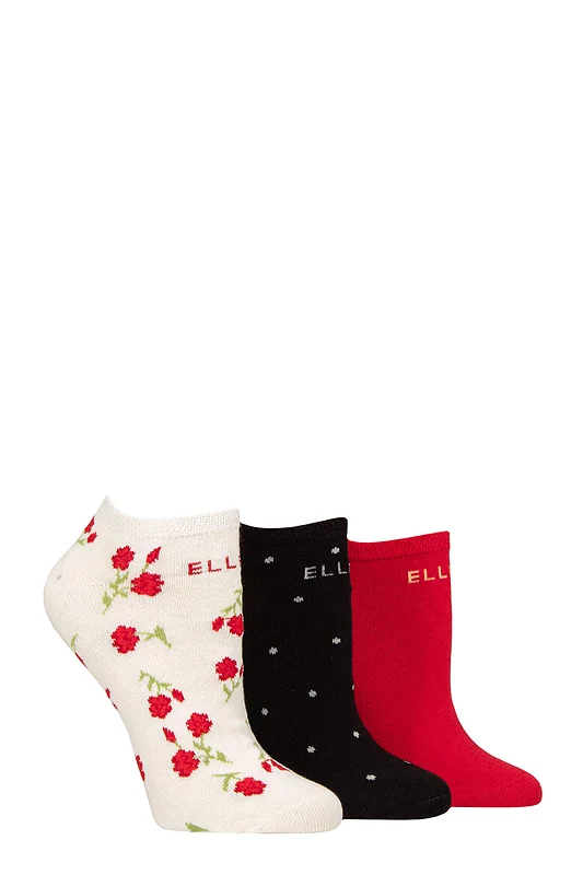 Women's 3 Pair Elle Plain, Stripe and Patterned Cotton No-Show Socks Parisian Rose Patterned 4-8