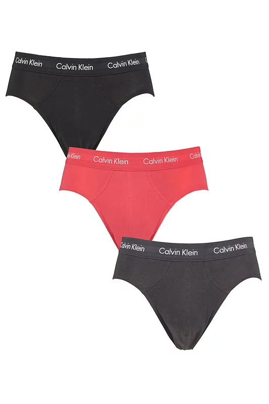Mens 3 Pack Calvin Klein Cotton Stretch Hip Briefs Black / Coral / Phantom Extra Small