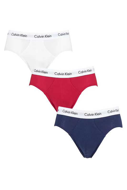 Mens 3 Pack Calvin Klein Cotton Stretch Hip Briefs White / Red Ginger / Pyro Blue Extra Large