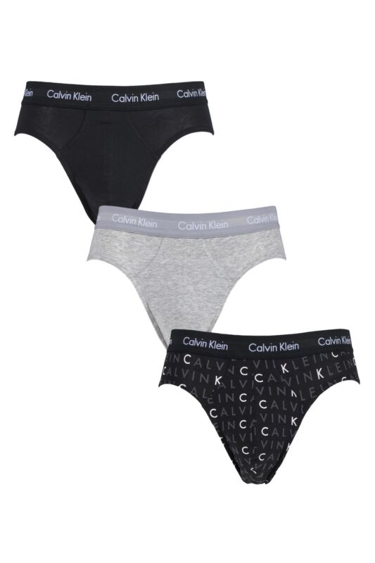 Mens 3 Pack Calvin Klein Cotton Stretch Hip Briefs Black / Grey / Logo Small