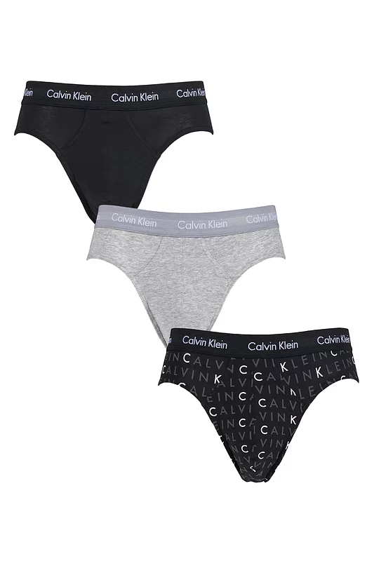 Mens 3 Pack Calvin Klein Cotton Stretch Hip Briefs Black / Grey / Logo Small