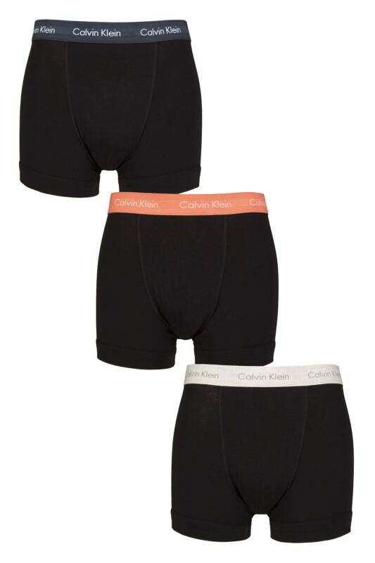Mens 3 Pack Calvin Klein Cotton Stretch Trunks Black Ink / Coral / Snow S