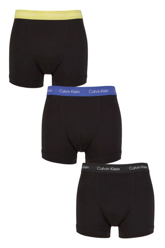 Mens 3 Pack Calvin Klein Cotton Stretch Trunks Black / Green Bloom XS