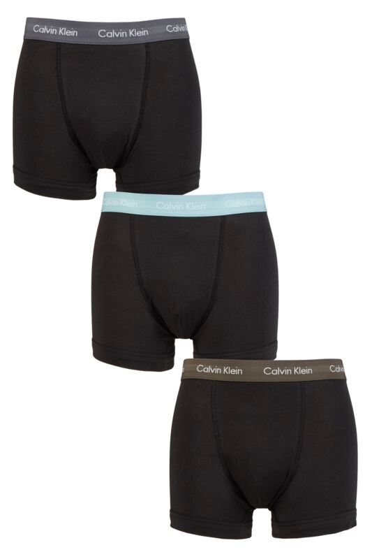 Mens 3 Pack Calvin Klein Cotton Stretch Trunks Sleek Grey / Tourmaline / Olive XS