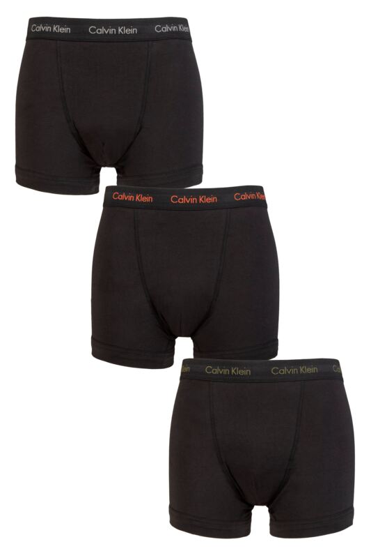 Mens 3 Pack Calvin Klein Cotton Stretch Trunks Faded Grey / Samba / Evergreen Logo XS