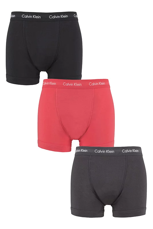 Mens 3 Pack Calvin Klein Cotton Stretch Trunks Black / Coral / Phantom Extra Small