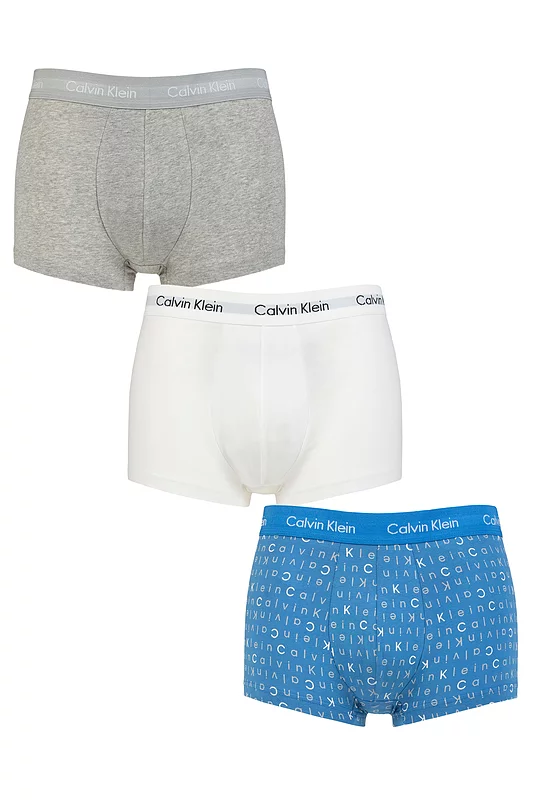 Mens 3 Pair Calvin Klein Low Rise Trunks Grey / White / Blue Logo XL