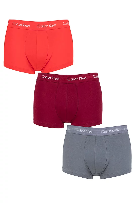 Mens 3 Pair Calvin Klein Low Rise Trunks Wave Light Red / Pewter / Winterberry XS