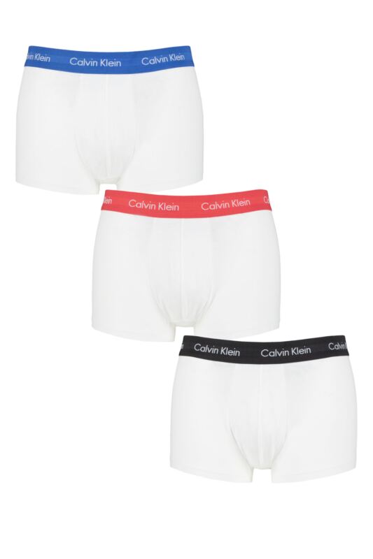Mens 3 Pair Calvin Klein Low Rise Trunks Blue / Strawberry Field / White Extra Large